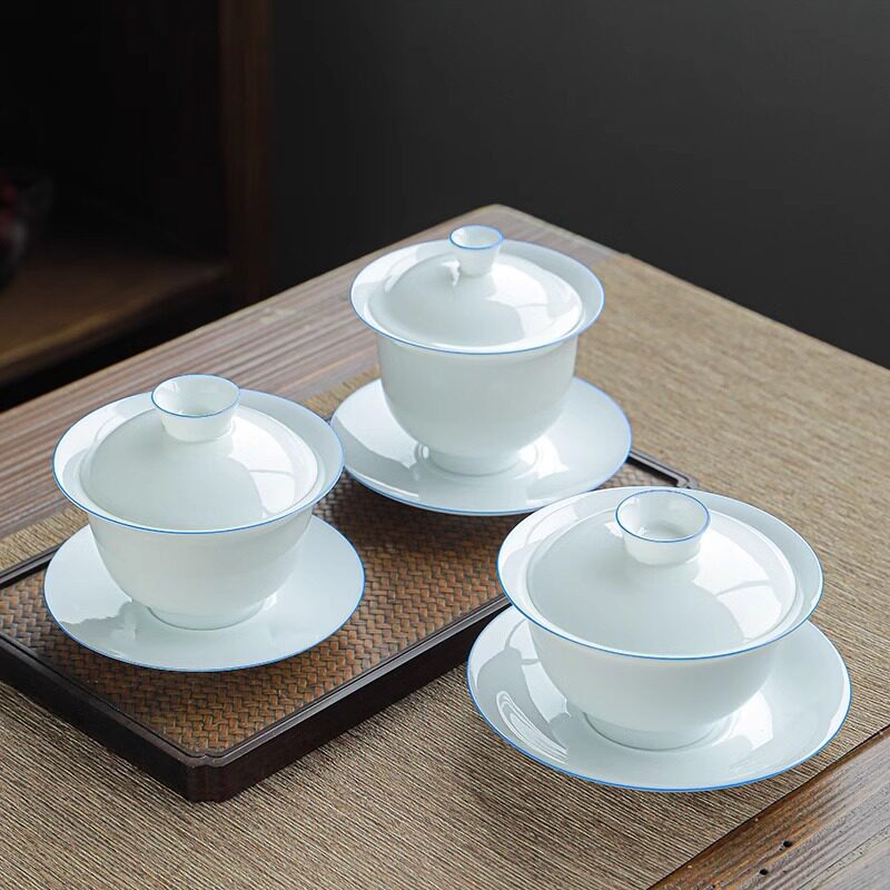 盖碗茶杯陶瓷茶具茶碗白瓷大号单个家用薄胎甜白玉汉白瓷羊脂玉蓝