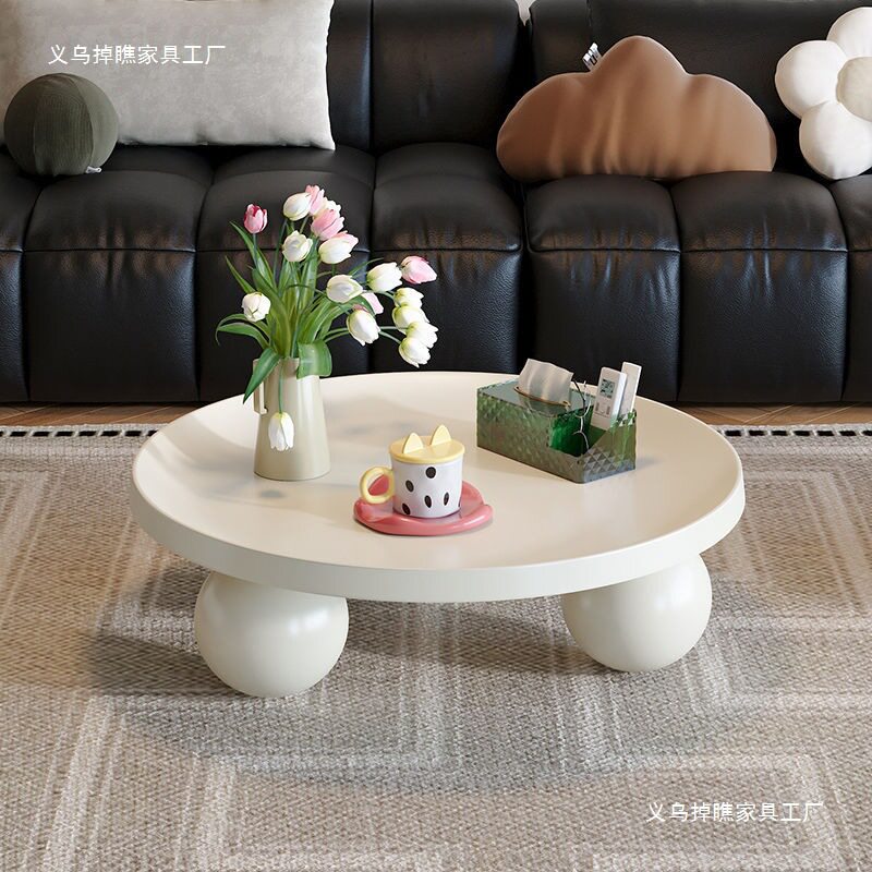法式奶油风圆碗茶几小户型客厅家用2025新款白色圆形中古风小茶几