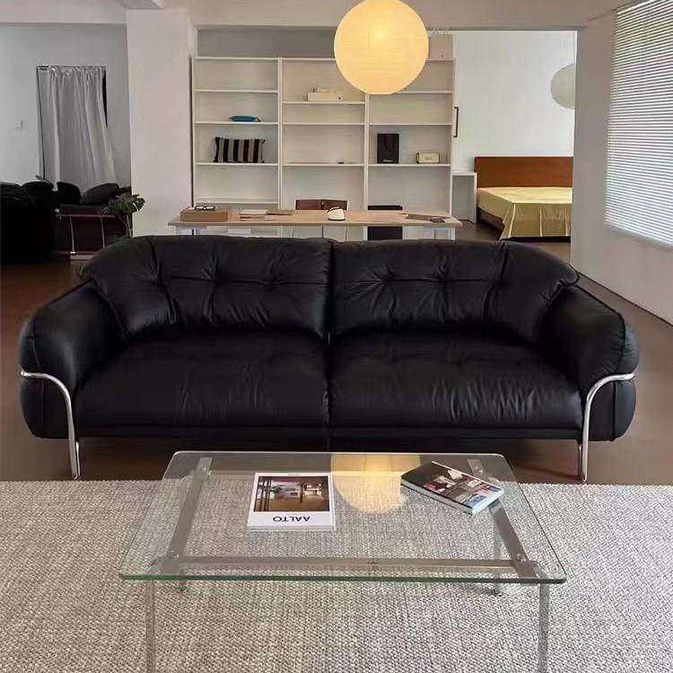 复古黑色黑天鹅云朵直排不锈钢沙发真皮客厅法式小户型轻奢皮艺