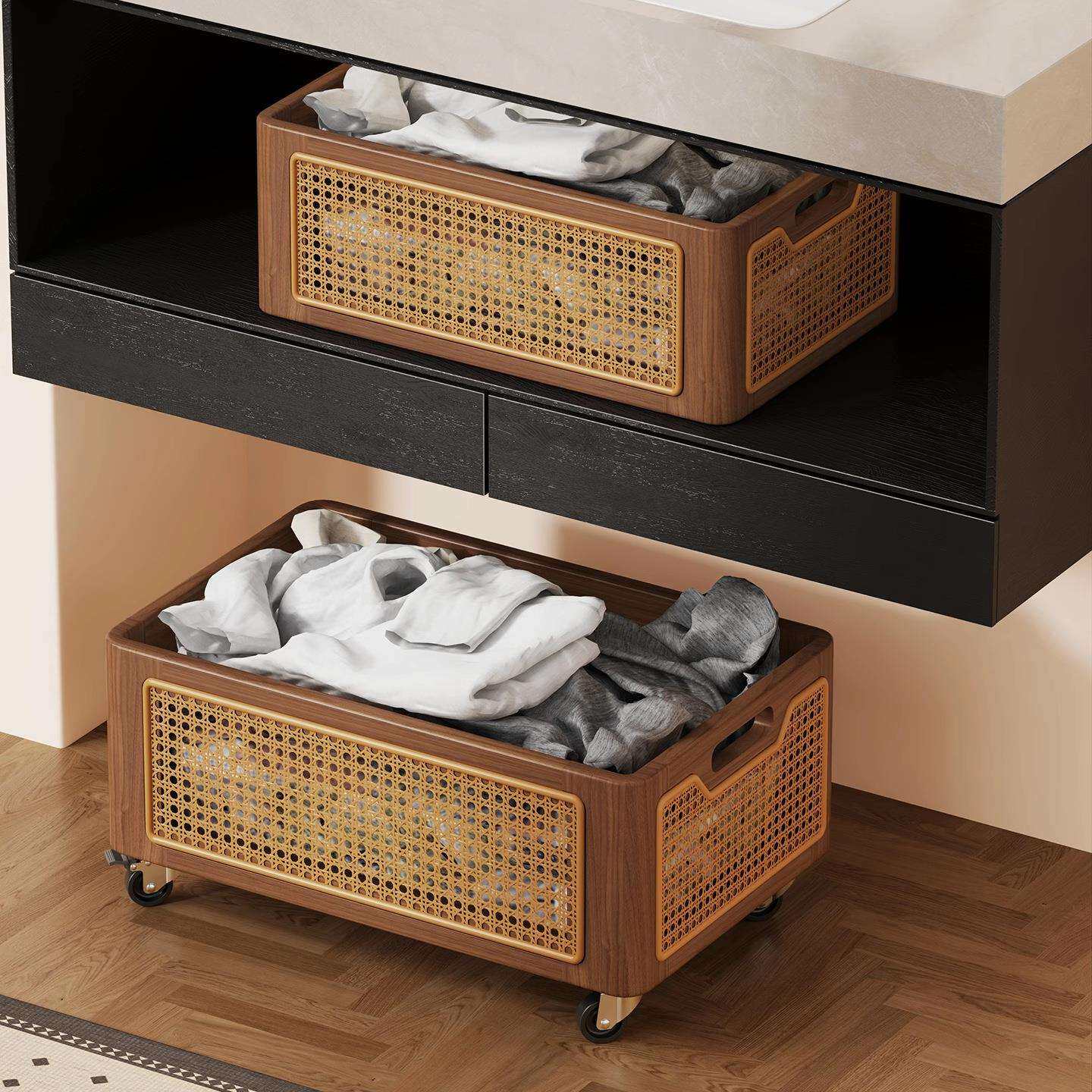 实木脏衣篮浴室柜可移动带轮小推车卫生间洗漱台下脏衣服收纳筐子