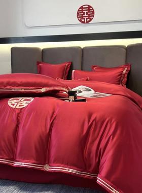 中式简约结婚四件套大红色床单被套纯棉婚庆床上用品婚房