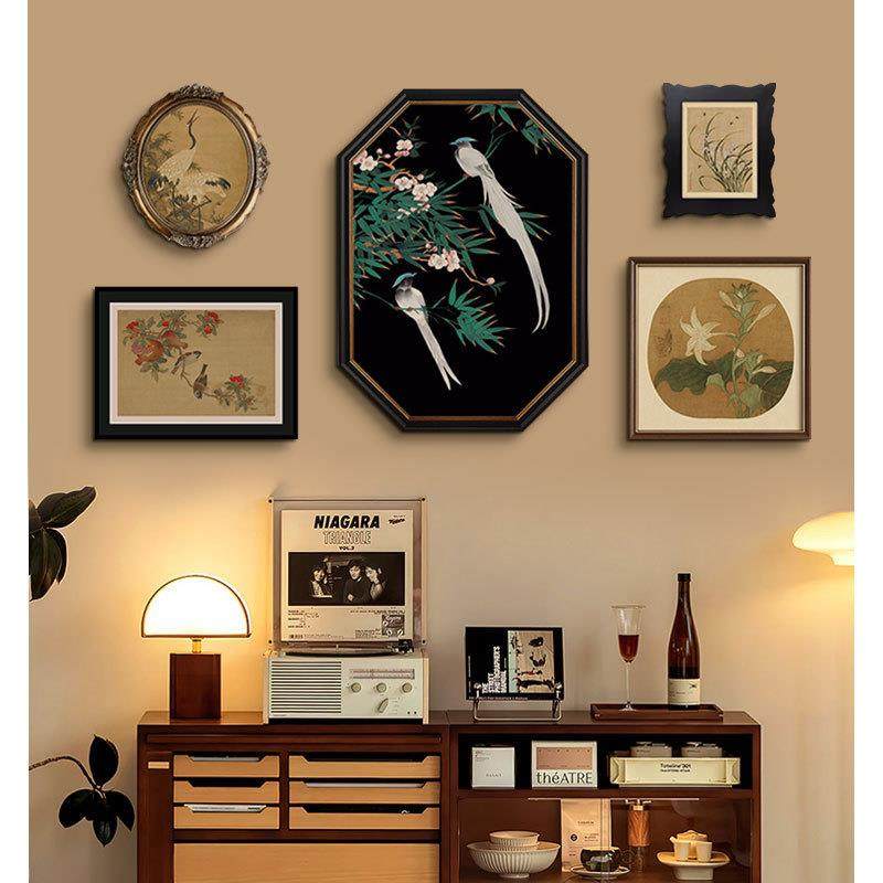 中国风客厅组合装饰画新中式玄关斗柜卧室中古风沙发背景花鸟挂画