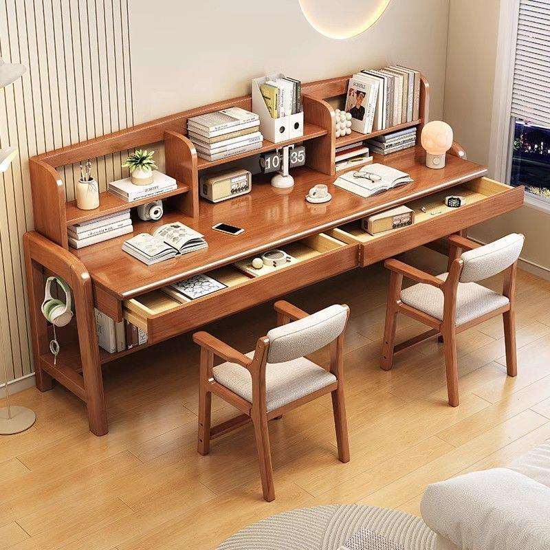 双人实木书桌书架一体儿童学习桌客厅电脑长条桌卧室学生写字桌