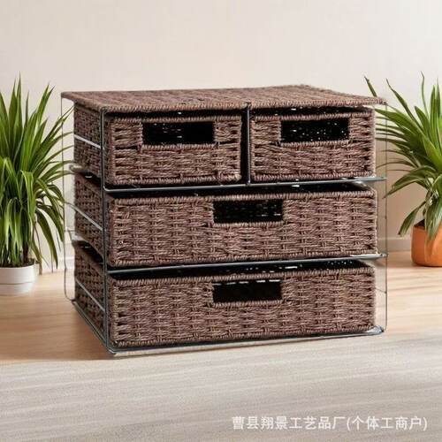 桌面分格多层编织筐抽屉式置物架纸绳储物篮办公桌面手工编织筐