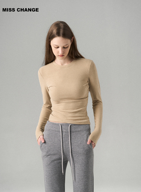 MISS CHANGE 羊毛加绒加厚长袖T恤女柔软天丝羊毛双面磨毛打底衫