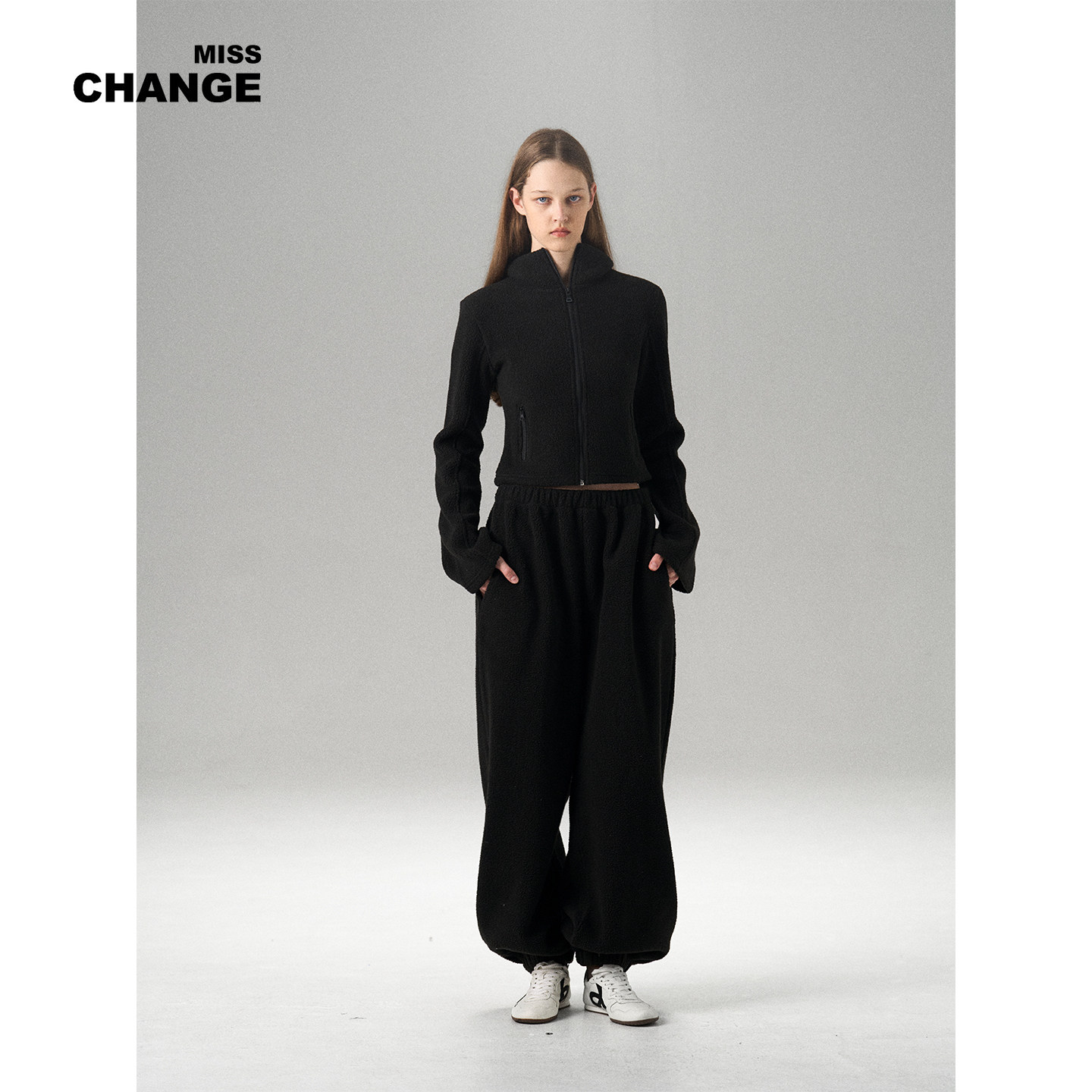 MISS CHANGE 羊羔毛保暖简约运动风立领套装女黑色外套休闲两件套,女装/女士精品,休闲运动套装,淘宝优惠券,粉丝福利购,淘宝优惠卷