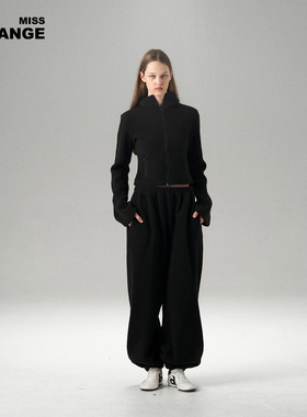 MISS CHANGE 羊羔毛保暖简约运动风立领套装女黑色外套休闲两件套