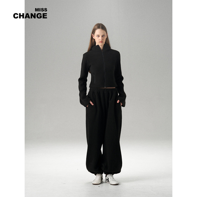 MISS CHANGE 羊羔毛保暖简约运动风立领套装女黑色外套休闲两件套
