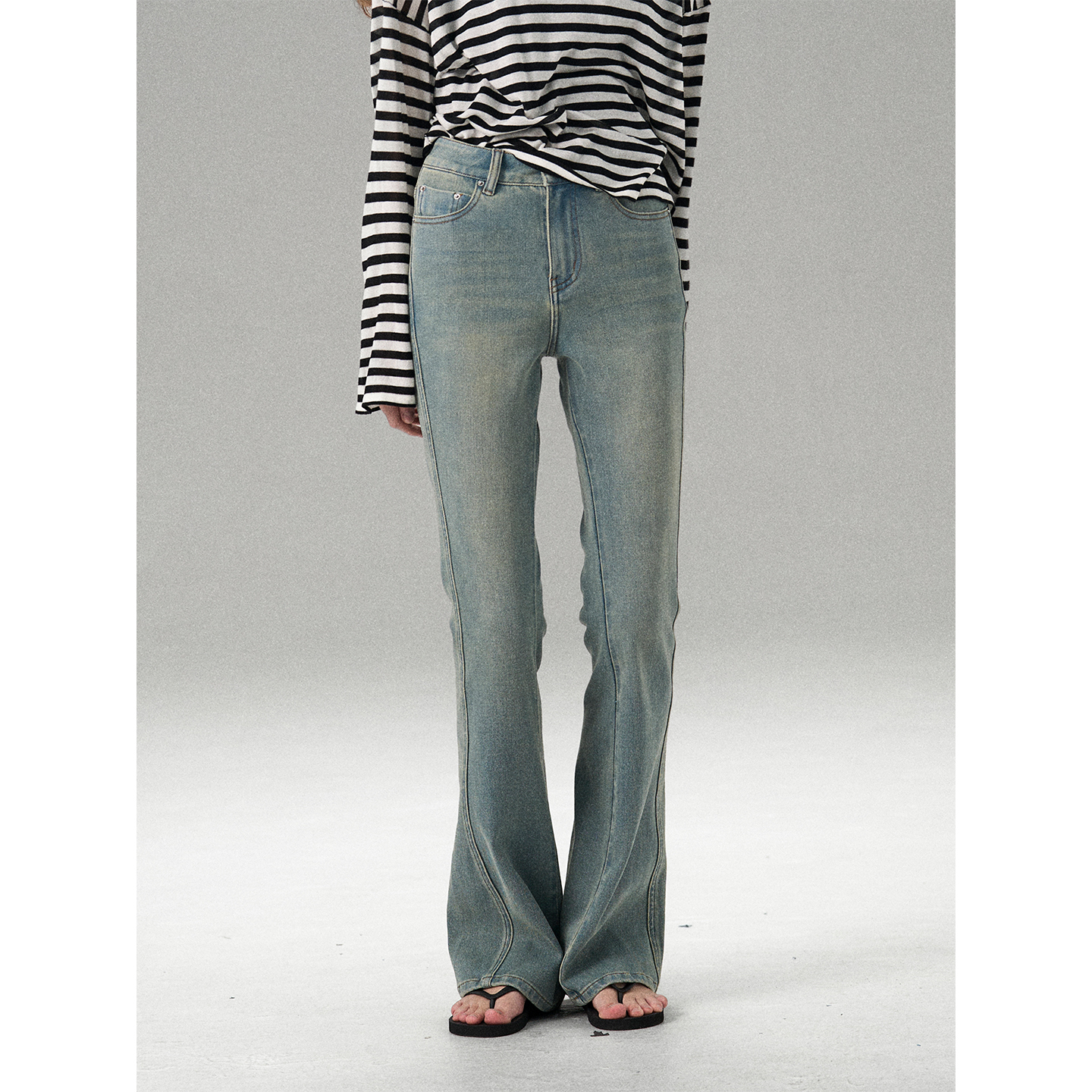 MISSC HANGE 复古高腰微喇牛仔裤女修身显瘦四面弹浅蓝色喇叭裤