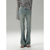 HANGE 复古高腰微喇牛仔裤 女修身 MISSC 显瘦四面弹浅蓝色喇叭裤