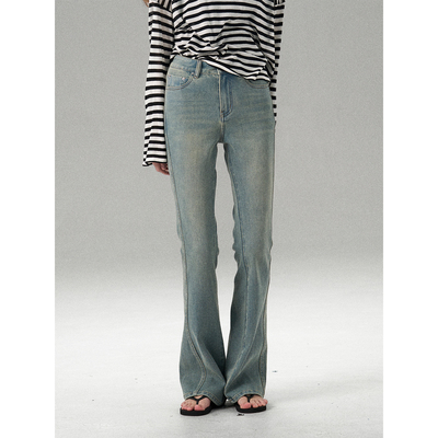 MISSC HANGE 复古高腰微喇牛仔裤女修身显瘦四面弹浅蓝色喇叭裤