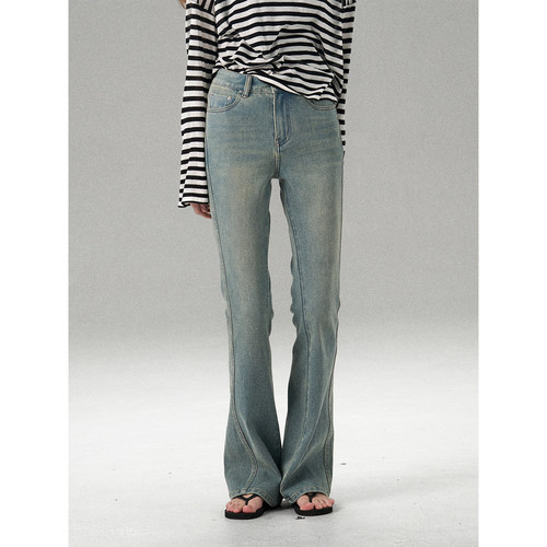 MISSC HANGE 复古高腰微喇牛仔裤女修身显瘦四面弹浅蓝色喇叭裤