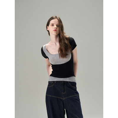 MISSCHANGE设计师品牌 天丝羊毛百搭假两件T恤女夏黑白拼色上衣