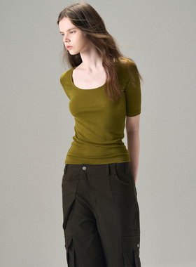 MISSCHANGE设计师品牌 绿色醋酸短袖T恤女2025修身显瘦百搭上衣