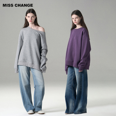 MISSCHANGE设计师品牌 美式斜肩卫衣女宽松显瘦长袖露肩上衣