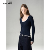 CHANGE 羊毛极简风假两件撞色长袖 T恤女修身 MISS 显瘦磨毛打底衫