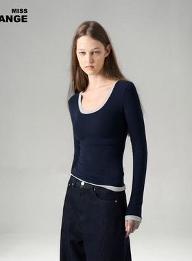 MISS CHANGE 羊毛极简风假两件撞色长袖T恤女修身显瘦磨毛打底衫