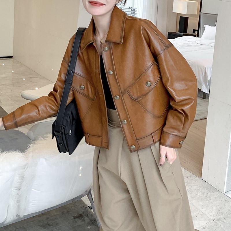 春秋单皮休闲绵羊植鞣皮衣外套宽松夹克