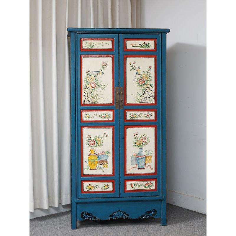 新中式实木复IRK古衣手绘家卧用柜室古简约大衣柜彩仿绘床头落地