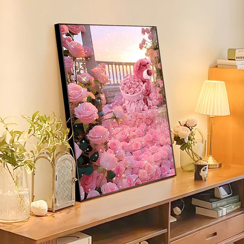 玫瑰草莓熊钻0石画225新款满钻938客厅小件十绣砖石画字带贴框5d