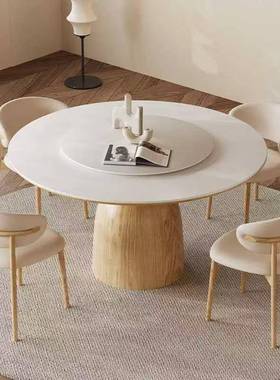 原木奶油风岩板圆餐桌家带盘白色转饭日桌用设WLM计师式实木餐桌