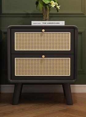 法边式复古风实木床头编家柜卧室用小型轻奢黑色收纳MEK储物藤床