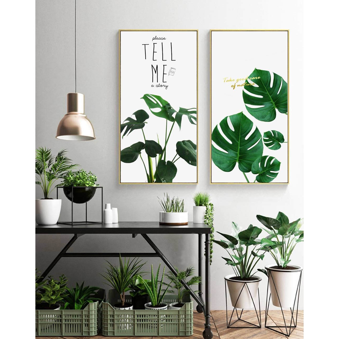 小清新客厅装饰画现代简约挂画沙发背景画卧室壁画无框画绿色植物图片