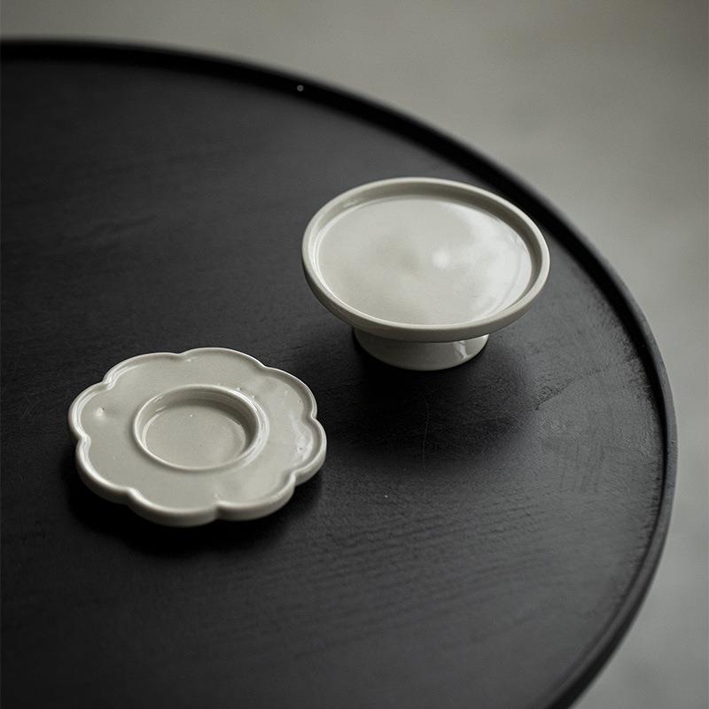 墨己仿席草木灰古泥盖置茶道配JSO壶件陶瓷盖子放置盖底托古茶摆