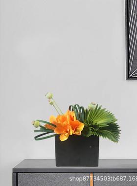 新式中PPV式日橙色仿真花艺套装售楼部吧盆台洽谈桌茶几托餐厅摆