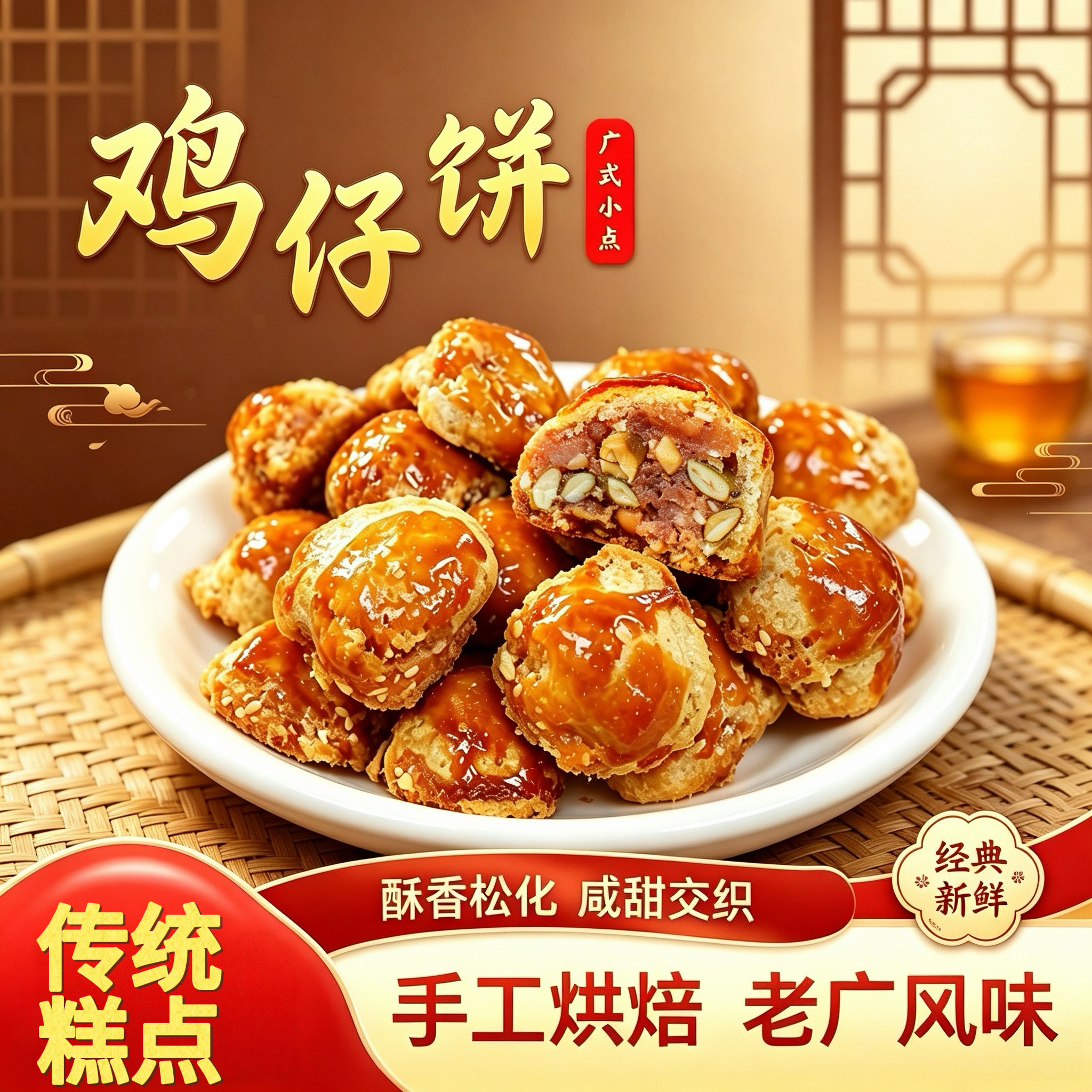 广东名饼南乳鸡仔饼麦丹轩传统烘焙糕点咸甜酥香怀旧小吃糕点特产