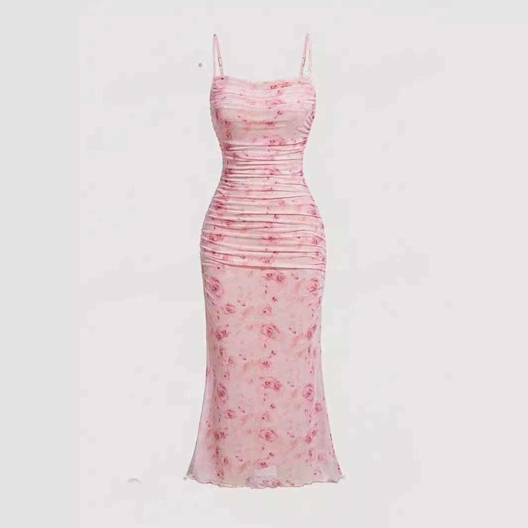 Floral camisole dress with cinched waist for slimming effect