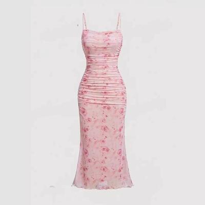 Floral camisole dress with cinched waist for slimming effect