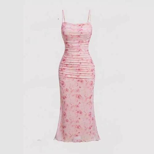 Floral camisole dress with cinched waist for slimming effect