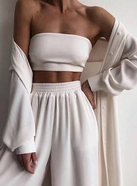 纯色简约抹胸开衫阔腿裤3件套秋 Fashion solid three piece set
