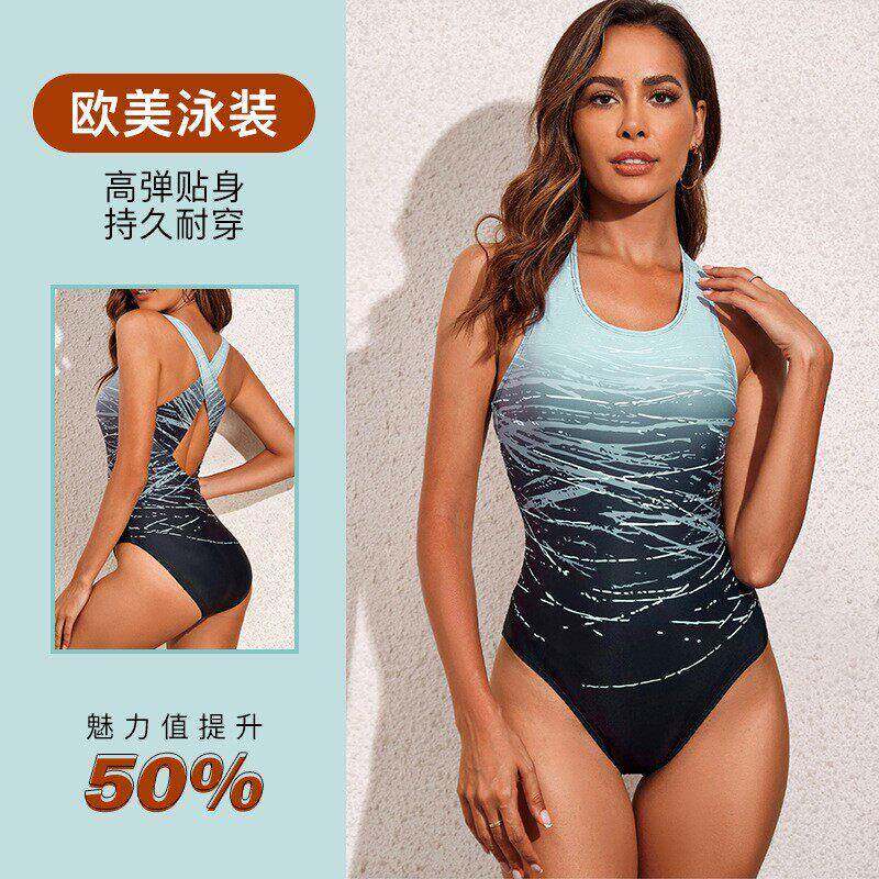 运动训练性感泳衣女欧美新款温泉度假加大码泳装修身渐变三角连体