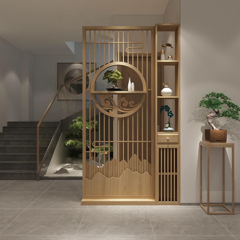 cs新中式进门客用厅屏风隔卧UNI断室书房遮挡家入户木玄关柜实镂