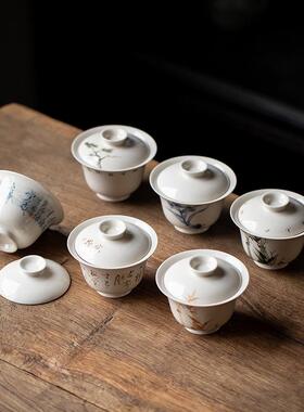 且手绘文来竹子QGL盖碗釉下彩竹影手抓碗二才盖碗陶瓷薄胎家诗用