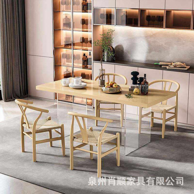 亚克原木餐桌椅组合家亚克力餐用客厅高透岛台白力蜡木实木房餐桌