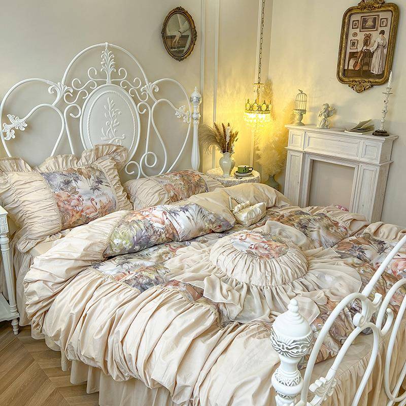 公主风镂空边四629纯件套棉式全棉100s长绒棉法卉花刺绣被套床上