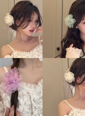 纯欲甜美少女网纱早春海边度假发饰头花高颜值花朵侧边夹发夹