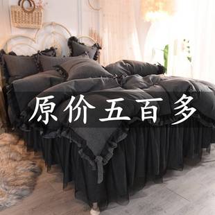 新款 L韩式 蕾h丝双层床裙四件套裸睡加带防滑床罩加厚被套花边四季