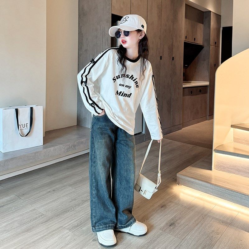 女童牛仔裤秋装2024新款儿童宽松阔腿裤子女大童秋季百搭高腰长裤