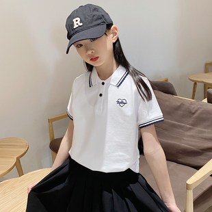 儿童POLO衫女童夏装短袖t恤纯棉童装学院风有领T恤衫上衣2023新款