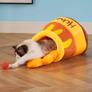 通用半封闭式 猫窝蜂蜜罐子四季 睡觉猫窝狗窝睡垫秋冬保暖宠物睡袋
