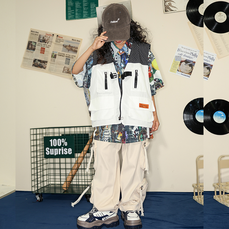 港风街舞儿童嘻哈复古衬衫工装裤套装男女童幼儿hiphop表演出服装