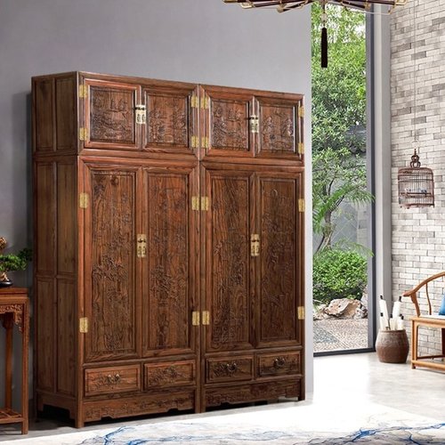 顶箱柜新中式原实木大衣柜两四门雕花收纳衣帽橱储物平开卧室高柜