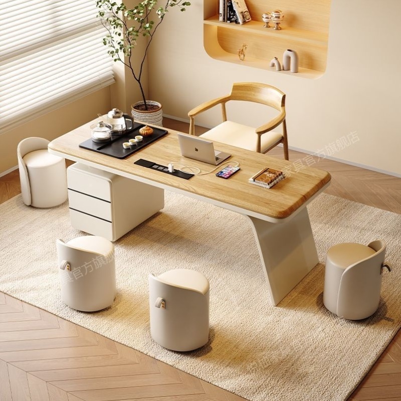 新款奶油风实木茶桌椅组合家用客厅办公桌茶台烧水壶一体泡茶桌