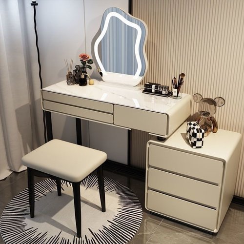 2025奶油风岩板实木梳妆台床头柜一体网红伸缩化妆台卧室现代简约