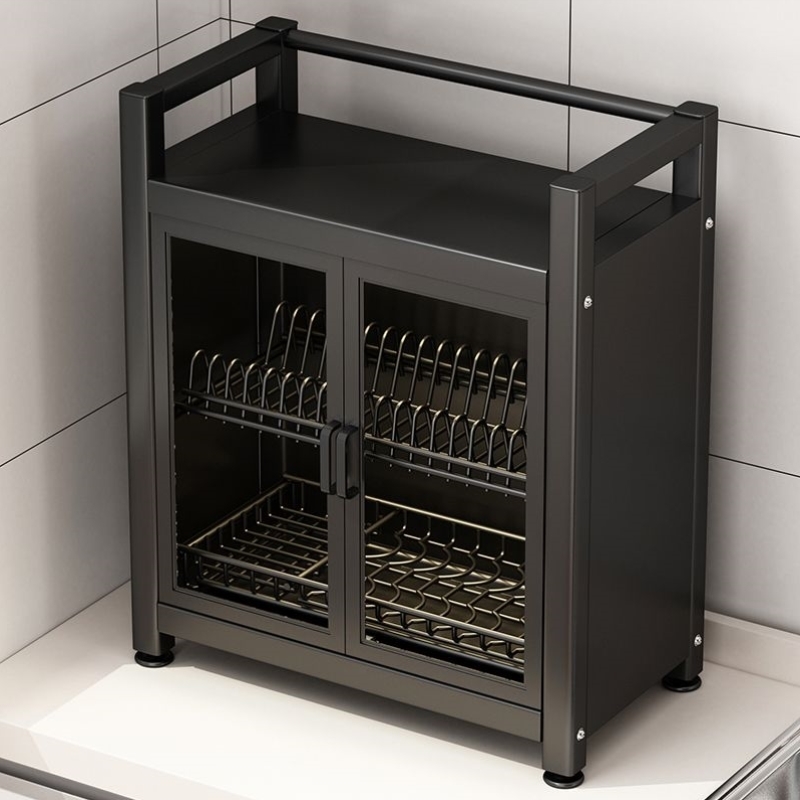 厨房置物架台面玻璃双开门放碗碟盘筷子收纳沥水架多功能防尘碗柜