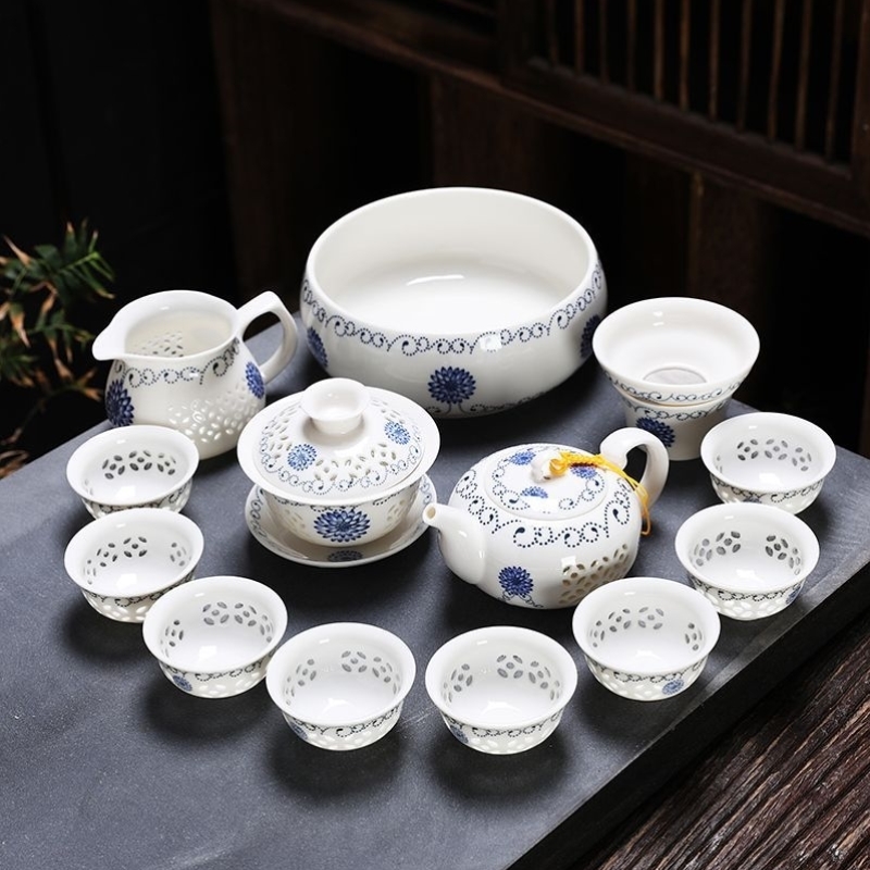 玲珑镂空茶具套装家用功夫茶杯全套高档青花瓷泡茶壶盖碗陶瓷简约